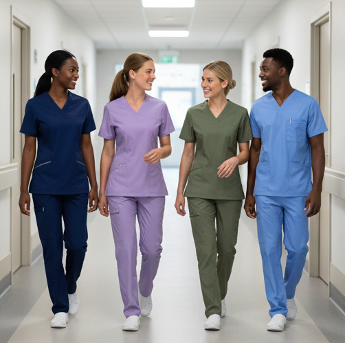 Healthcare professionals walking hospital corridor